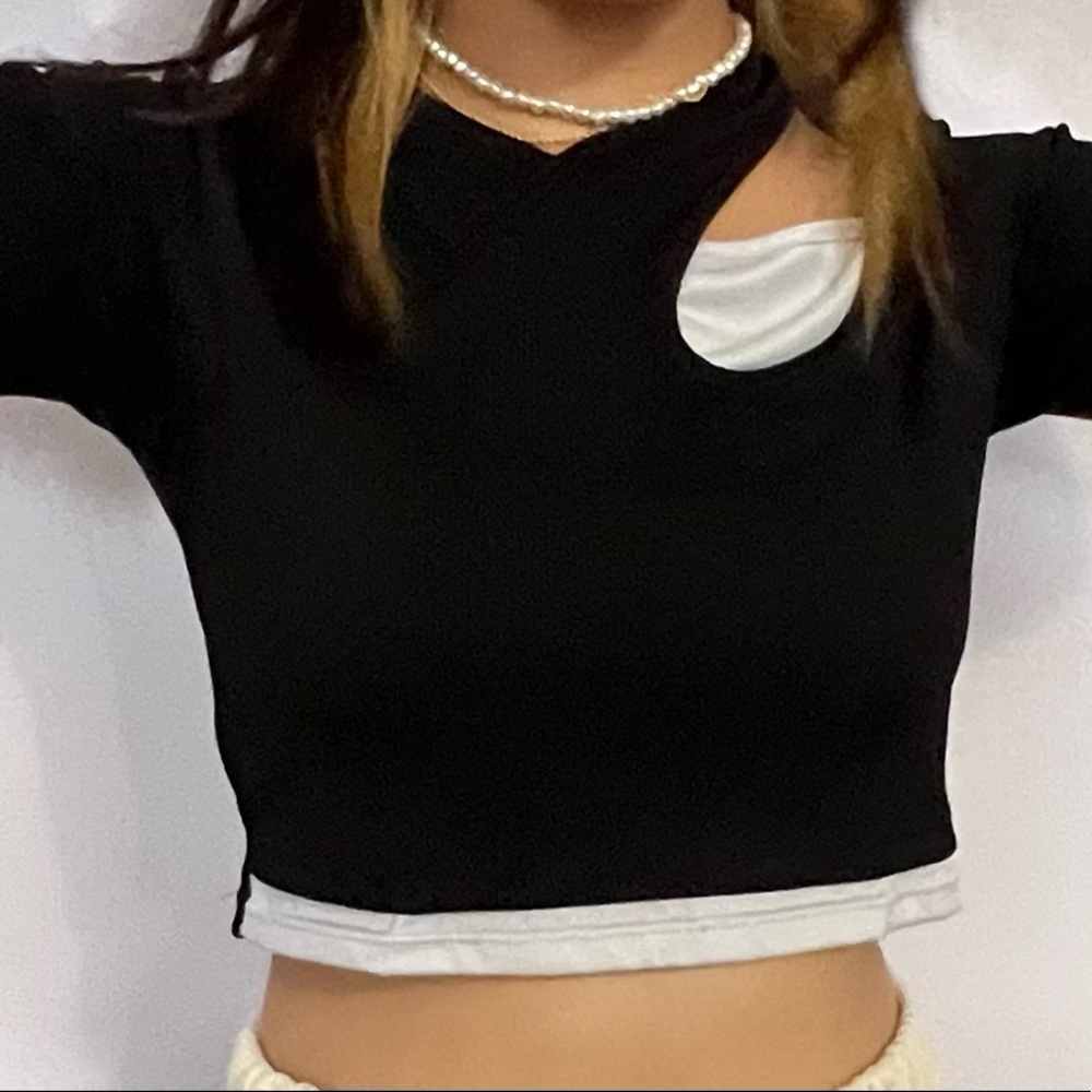 Mock Two-Piece Short Sleeve Cutout Crop Top 🙈